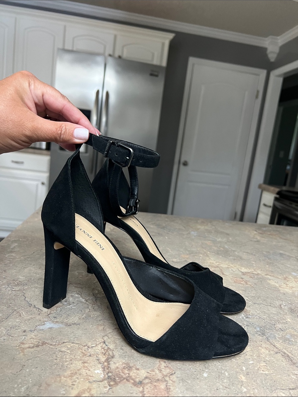 Gianni Bini Black Suede Ankle-Strap Block Heel Sandals